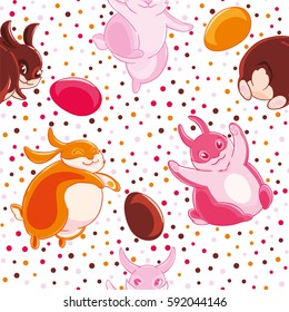 Easter seamless pattern with cartoon funny pink, yellow and chocolate rabbits and eggs on cofetti background. Textiles, Wallpaper, kids decor.