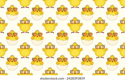 Easter seamless pattern with cartoon groovy chicks in sunglasses. Chicks characters in a trendy retro hippie 70s style. Vector illustration