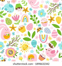 Easter seamless pattern in cartoon style. Colorful childish doodle with cupcakes and eggs, birds, bee and flowers. Sun, rainbow and raindrops. Creative baby texture for fabric, paper.