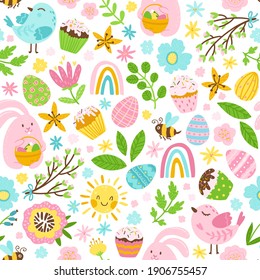 Easter seamless pattern in cartoon style. Colorful childish doodle with cupcakes and eggs, birds, bee and flowers. Sun, rainbow and raindrops. Creative baby texture for fabric, paper.