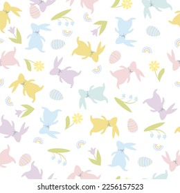 Easter seamless pattern in cartoon style. Colorful childish doodle with rabbits and eggs, flowers and rainbow. Creative baby texture for fabric, paper.