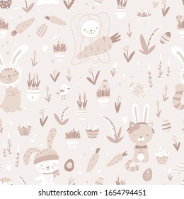 Easter seamless pattern with cats in rabbit costumes with cupcakes, eggs, carrots and spring flowers in simple cartoon hand-drawn style. Vector childish stock illustration in pastel palette.