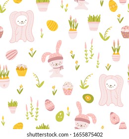 Easter seamless pattern with cats in rabbit costumes with cupcakes, eggs and spring flowers in simple cartoon hand-drawn style. Vector childish stock illustration in pastel palette.