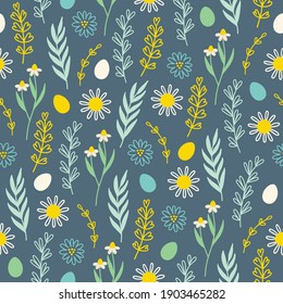 Easter seamless pattern with chamomile, eggs, leaves, flowers, branches on dark blue background. Scandinavian style. Perfect for holiday invitations, spring greeting cards, wallpaper and gift paper