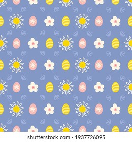 Easter seamless pattern with chamomile, eggs, flowers, leaves on blue background. Scandinavian style. Perfect for holiday invitations, spring greeting cards, wallpaper and gift paper