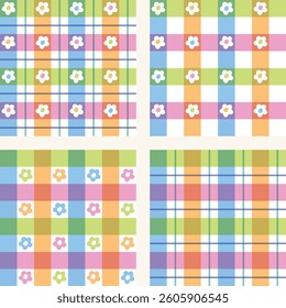 Easter seamless pattern, check grid, gingham, colorful flower, pastel color, cute baby colors, vector illustration collection, set of four, orange, pink, green