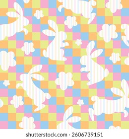 Easter seamless pattern, check grid, gingham, colorful flower, pastel color, cute baby colors, vector illustration, orange, pink, green