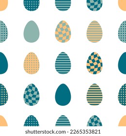 Easter seamless pattern with checkered, striped and dotted eggs. Perfect print for tee, paper, fabric, textile. Retro vector illustration for decor and design.
