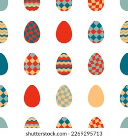 Easter seamless pattern with checkered and wavy eggs. Perfect print for tee, paper, fabric, textile. Groovy vector illustration for decor and design.

