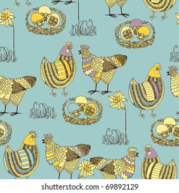 Easter seamless pattern with chicken and cock