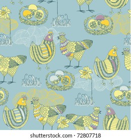 Easter seamless pattern with chicken and cock