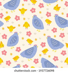 Easter seamless pattern with chicken, hen and flowers on beige background. Scandinavian style. Perfect for holiday invitations, spring greeting cards, wallpaper and gift paper