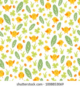 Easter seamless pattern with chicken, leaves, eggs and grass. Perfect for wallpaper, gift paper, web page background, spring greeting cards