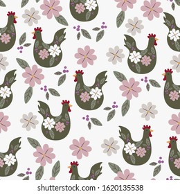 Easter seamless pattern with chicken. Perfect for wallpapers, pattern fills, web page backgrounds, surface textures, textile. White background.