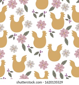 Easter seamless pattern with chicken silhouette and flowers. Perfect for wallpapers, pattern fills, web page backgrounds, surface textures, textile. Vintage yellow background.