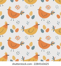 Easter seamless pattern with chickens, easter eggs, flowers and butterfly. My First Easter. Perfect for textile, wallpaper or print design.