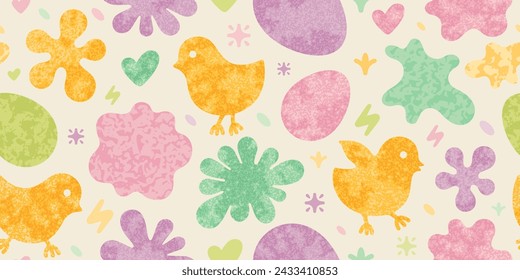 Easter seamless pattern with chickens, flowers and eggs in y2k style. Spring background in pastel colors with symbols of Easter. Abstract seamless pattern with cute chickens, vector illustration
