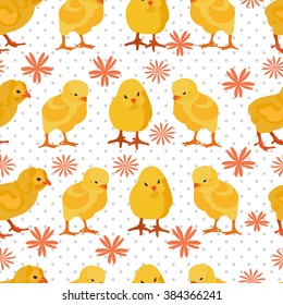 Easter seamless pattern with chickens and flowers. vector illustration. 