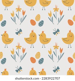 Easter seamless pattern with chicks, easter eggs, flowers and butterfly. My First Easter. Perfect for textile, wallpaper or print design.