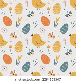 Easter seamless pattern with chicks, easter eggs, flowers and butterfly. Easter egg hunt. Perfect for textile, wallpaper or print design.