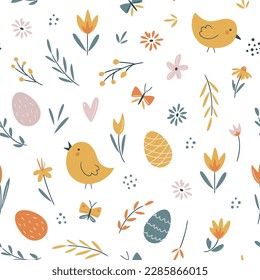 Easter seamless pattern with chicks, easter eggs, flowers and butterfly. Easter egg hunt. Perfect for textile, wallpaper or print design.