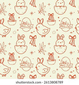 Easter Seamless Pattern with Chicks and Eggs