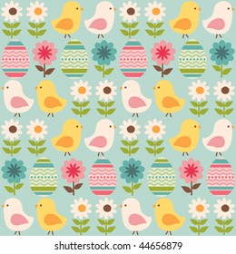 Easter seamless pattern with chicks and eggs