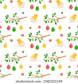 Easter seamless pattern with chicks, flowers, Easter eggs. Suitable for Easter cards, banners, textiles, wallpapers. Vector illustration
