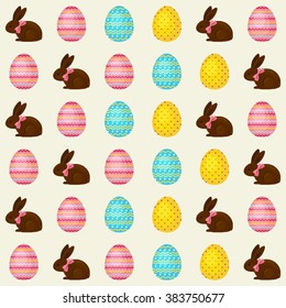 Easter seamless pattern with chocolate bunnies with pink bow and painted Easter eggs. Vector illustration. Pattern can be used for wallpapers, website backgrounds, surface textures, textiles.