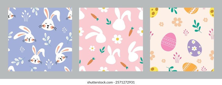 Easter seamless pattern clipart background set. Happy easter continuous poster collection with bunny, eggs and flowers decoration elements clip art. Vector illustration egg hunt wallpaper set. 
