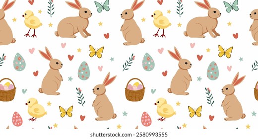 Easter Seamless Pattern Clipart with Easter Eggs, Baby Chicks, Spring Flowers, Bunnies, Butterflies, and Woven Baskets with Eggs.
