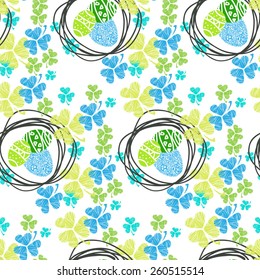 Easter seamless pattern with clover and bird's nest with eggs. Vector illustration.