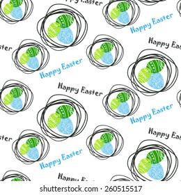 Easter seamless pattern with clover and bird's nest with eggs. Vector illustration.