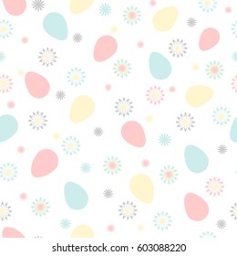 Easter seamless pattern with color chicken eggs and flowers. Perfect for wallpaper, gift paper, pattern fills, web page background, spring and Easter greeting cards. Soft pastel colors.