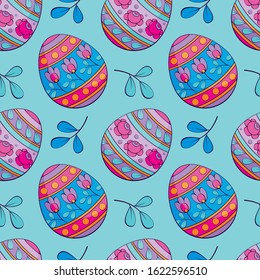Easter seamless pattern with colored eggs. Colorful vector background.