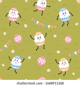 Easter seamless pattern. Colored eggs with cute faces dancing on a green lawn. Easter eggs friends with funny faces. Egg hunt. Flat style vector illustration