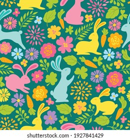 Easter seamless pattern with colorful cute bunnies, carrots, flowers and leaves. Vector illustration.