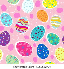 Easter seamless pattern with colorful eggs. Perfect for wallpaper, gift paper, web page background, spring greeting cards. Vector illustration