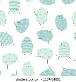 Easter seamless pattern with colorful eggs. Perfect for wallpaper, gift paper, web page background, spring greeting cards. Kawaii style. Easter yoga. Vector illustration.