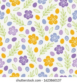 Easter seamless pattern with colorful eggs, flowers, leaves, branches and petals. Scandinavian style. Perfect for wallpaper, gift paper, web page background, spring greeting cards