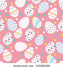 Easter seamless pattern with colorful eggs and flowers. Perfect for season greetings, wallpaper, wrapping paper, pattern fills, background and spring holiday greeting card. Vector illustration