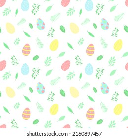 Easter seamless pattern with colorful eggs and green leaves on a transparent background. Vector hand-drawn illustration for spring holiday, print, wrapping paper, scrapbook, textile, gift, children.