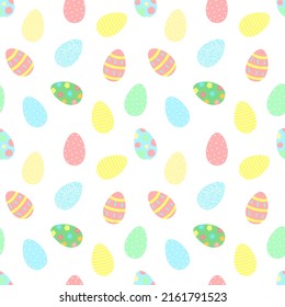 Easter seamless pattern with colorful eggs on a transparent background. Vector hand-drawn illustration for spring holiday, print, wrapping paper, scrapbook, textile, gift, clothing, children.