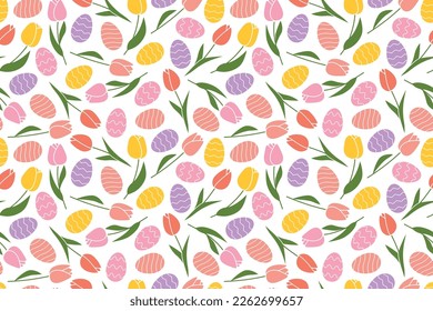 Easter seamless pattern with colorful eggs and tulip flowers - vector illustration