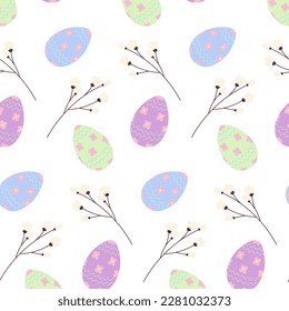 Patrón de Semana Santa sin fisuras con coloridos huevos de Pascua y ramitas en tonos de moda. Feliz Pascua. Primavera