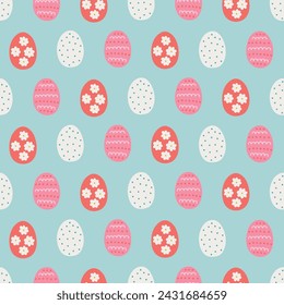 Patrón sin fisuras de Pascua con huevos de colores sobre fondo azul claro. Perfecto para saludos de primavera y verano, papel pintado, papel de envolver, tela. Ilustración de vector