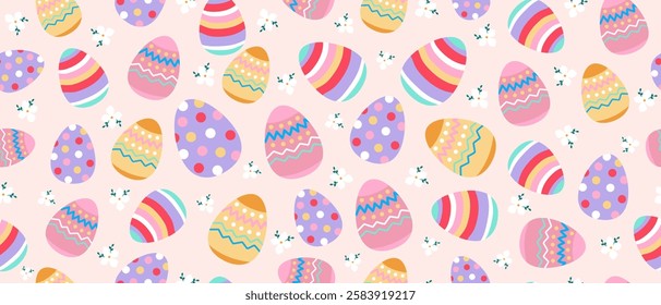 Easter seamless pattern with colorful eggs and flowers. Easter eggs cute illustration. Vector.
