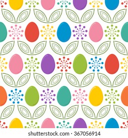 Easter Seamless pattern with colorful easter eggs and dot ornament on white background. Perfect for decorating greetings, invitations, gift wrapping paper.
