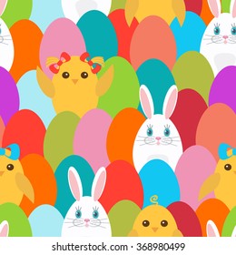 Easter seamless pattern with colorful Easter eggs, chicken and rabbit. Perfect for decorating greetings, invitations, gift wrapping paper.