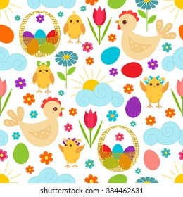 Easter seamless pattern with colorful Easter eggs, chicken,cloud, sun, basket,hen,flower on white background. Perfect for gift wrapping paper, exterior design, wallpapers.